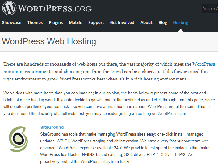 WordPress recommend Siteground