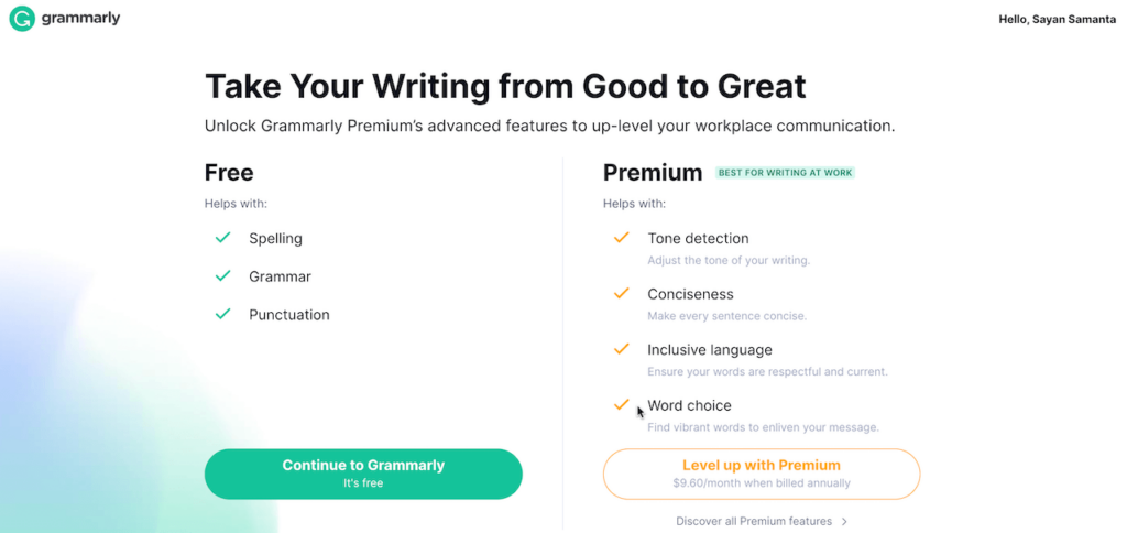 Grammarly Premium plan